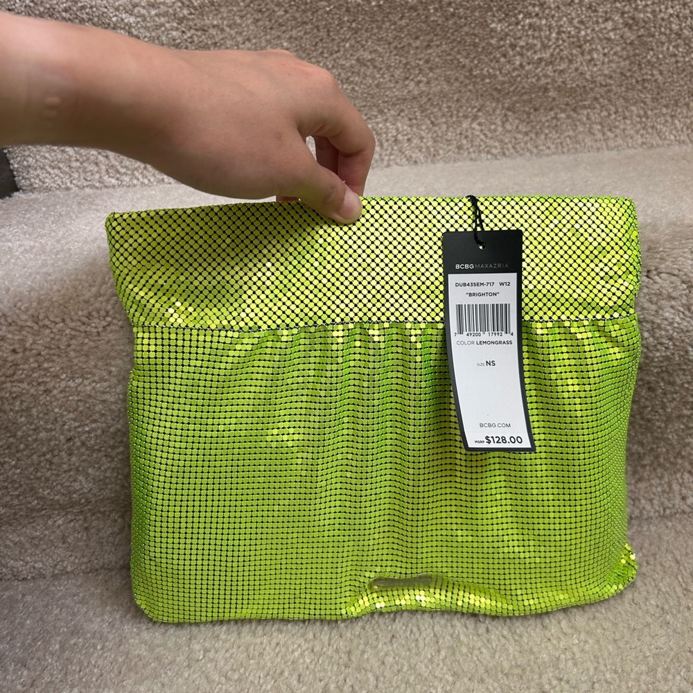 BCBGMaxAzria Lemongrass Color Clutch with Metallic Mesh Finish
